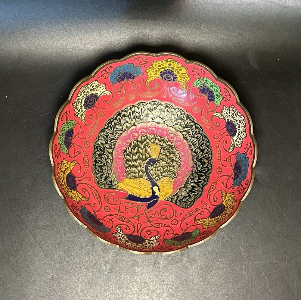 Vintage Brass Enameled Peacock Pedestal Bowl Enesco 6.5"